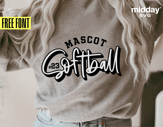 Woman wearing a shirt with Mascot Softball design, DIY template, featuring free font included with the downloads for Cricut use.