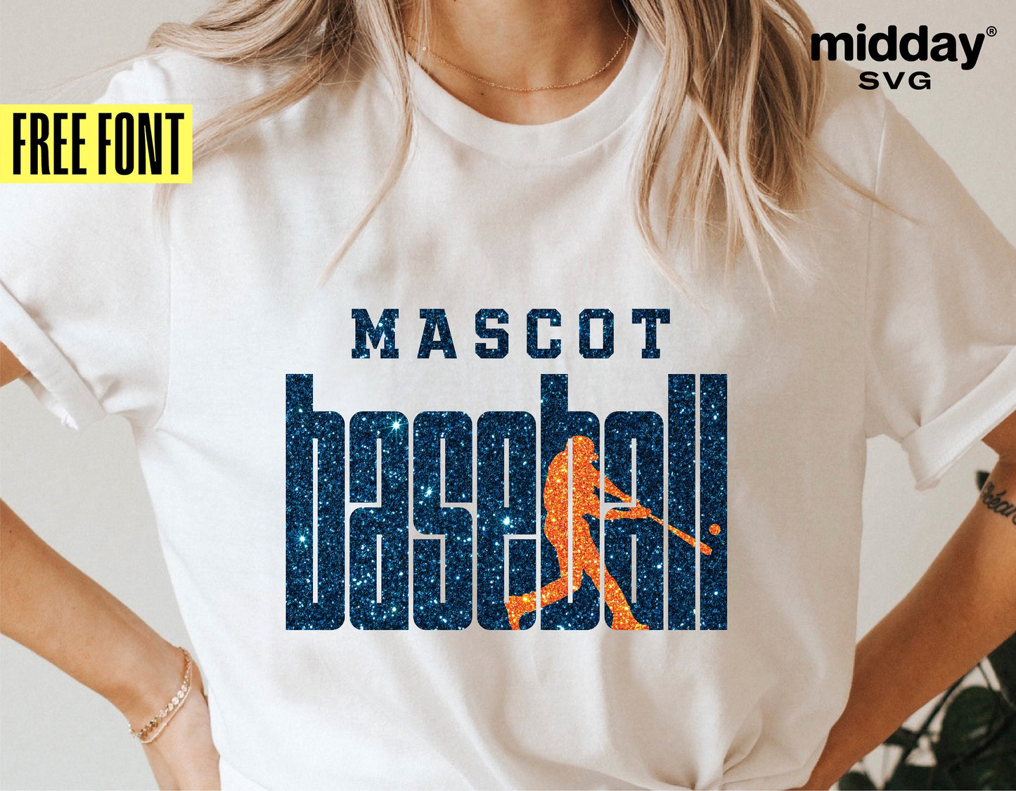 Person wearing a white t-shirt with 'Mascot Baseball' design. Includes silhouette of a baseball player. Free font offer by Midday SVG.