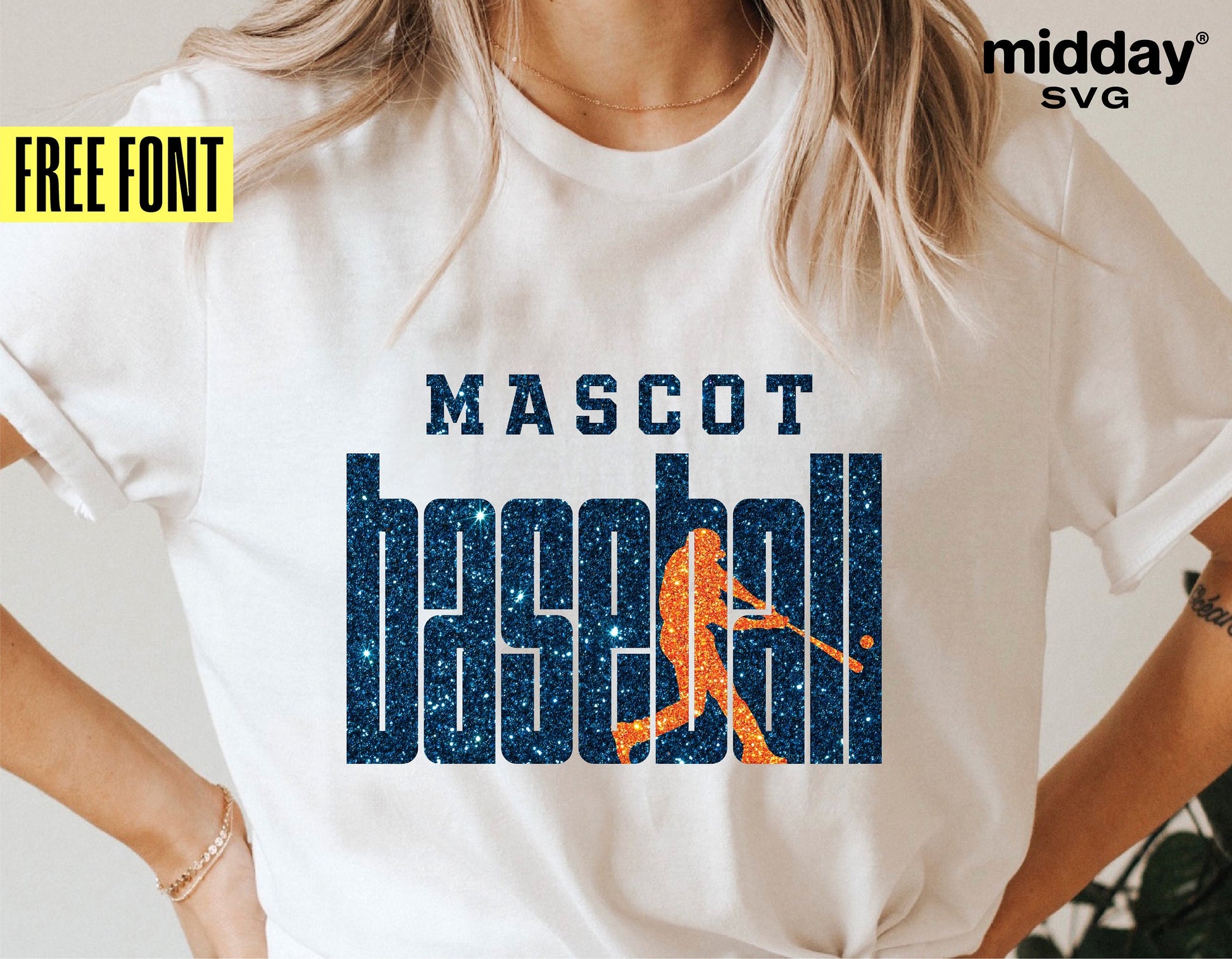 Person wearing a white t-shirt with 'Mascot Baseball' design. Includes silhouette of a baseball player. Free font offer by Midday SVG.