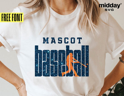 Person wearing a white t-shirt with 'Mascot Baseball' design. Includes silhouette of a baseball player. Free font offer by Midday SVG.