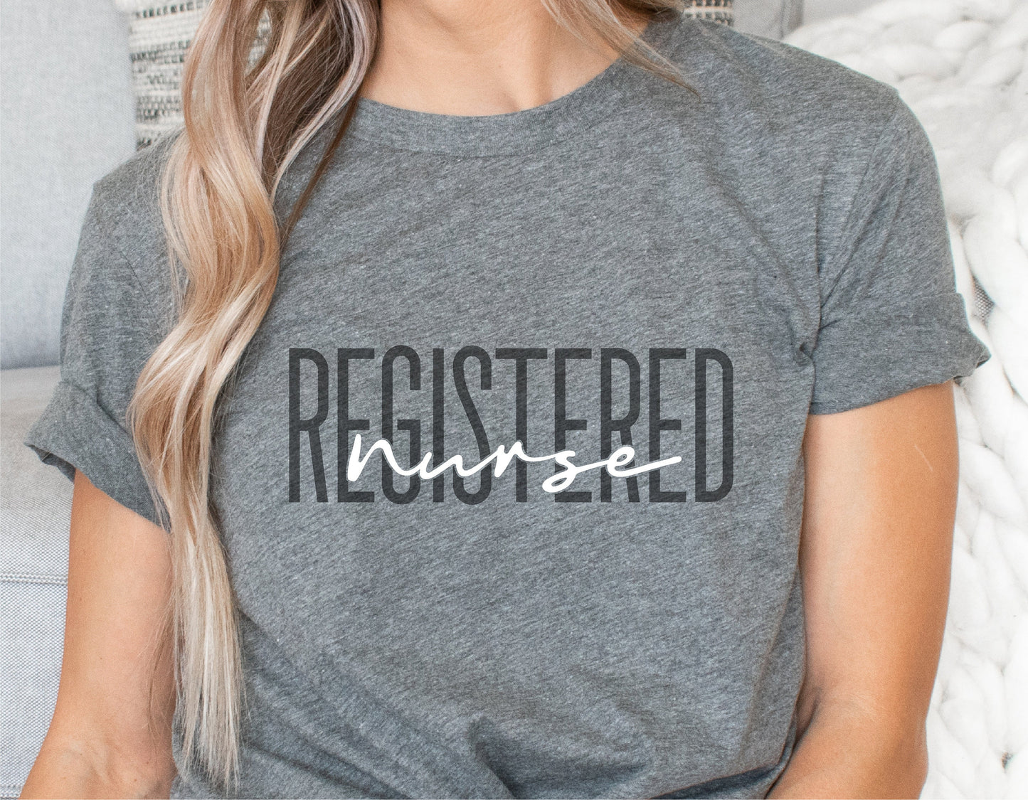 Gray t-shirt with 'Registered Nurse' text design, ideal for nurses, compatible with Cricut and Silhouette for crafting.