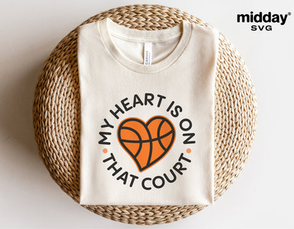 White t-shirt with "My Heart is on That Court" basketball design, perfect for basketball mom gifts, Cricut and Silhouette projects.