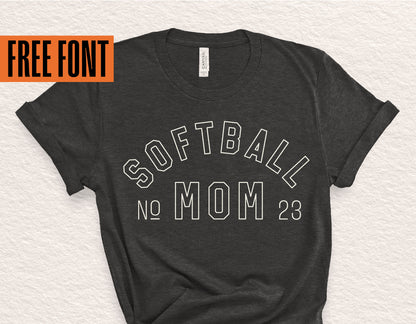 Black t-shirt with 'Softball Mom 23' design, highlighting free font offer.