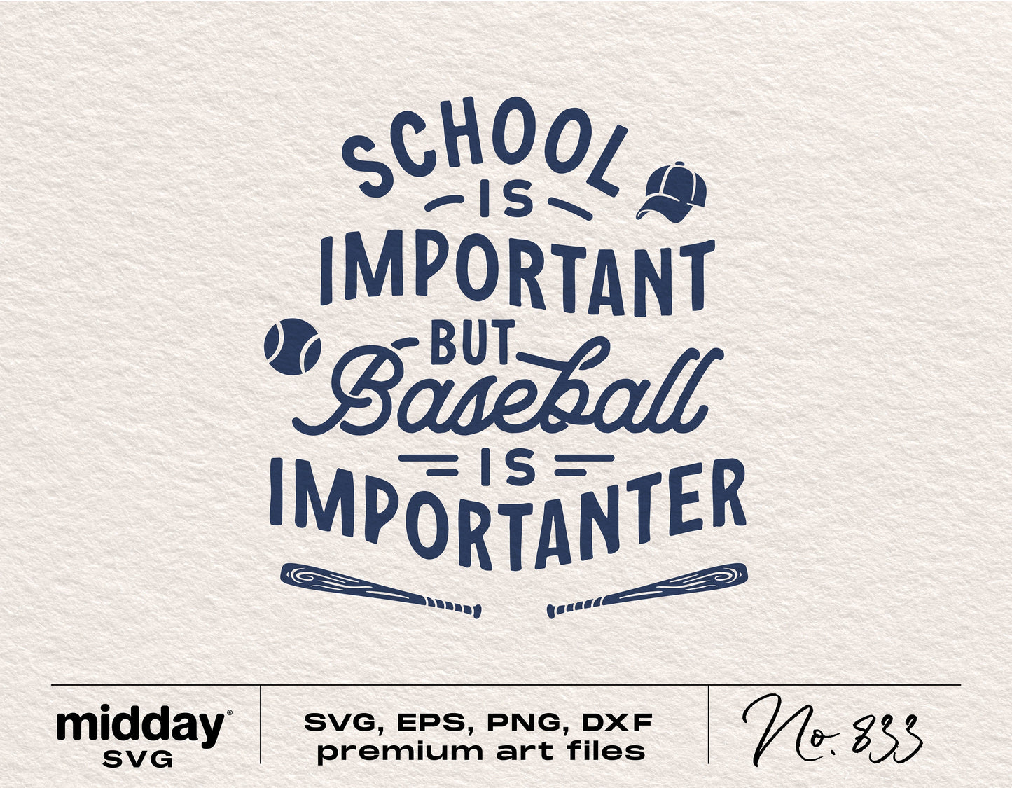 "School is Important but Baseball is Importanter" funny baseball SVG design in vintage style with bats and baseball caps.