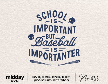 "School is Important but Baseball is Importanter" funny baseball SVG design in vintage style with bats and baseball caps.