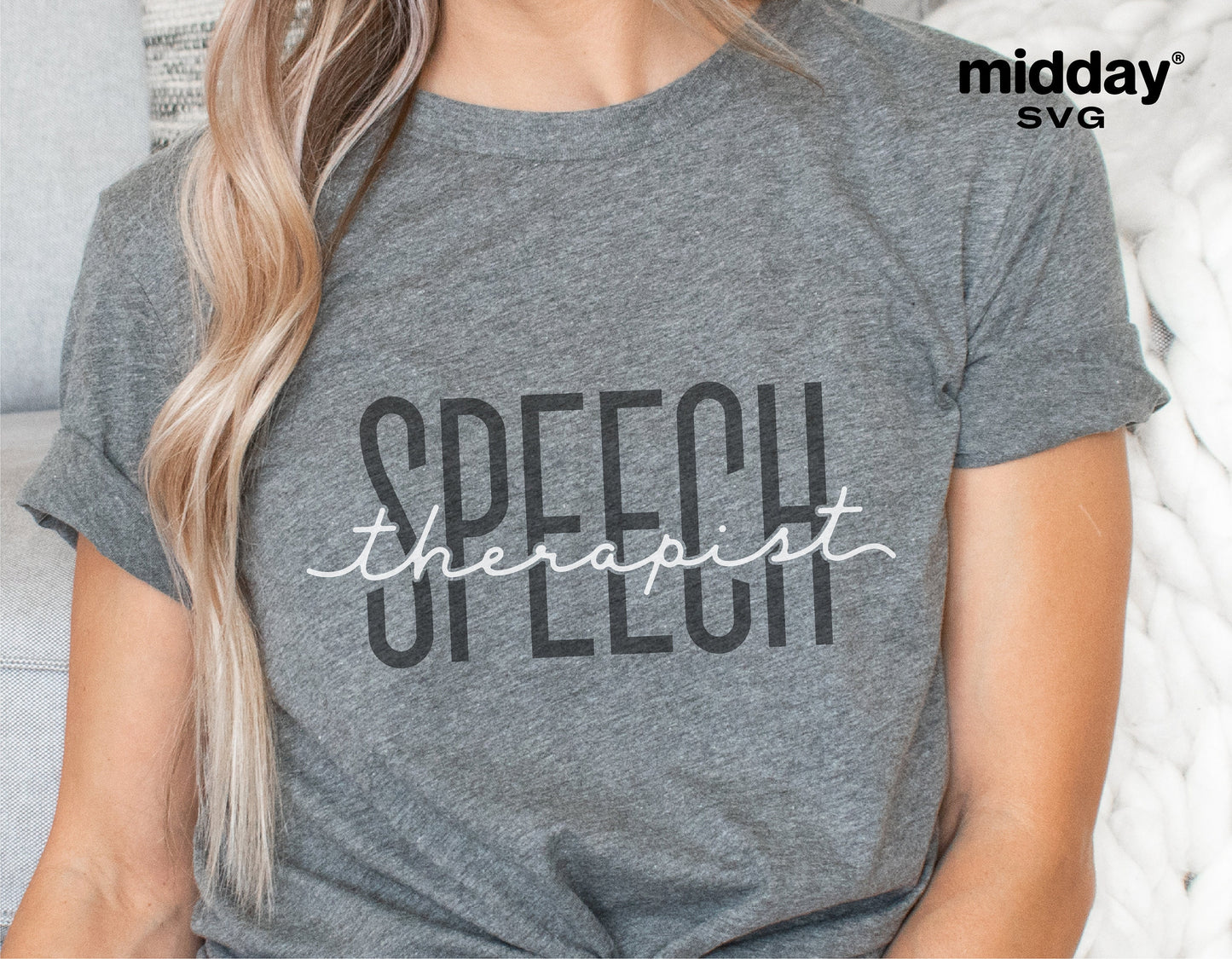 Gray t-shirt with 'Speech Therapist' SVG design for Cricut and Silhouette projects.