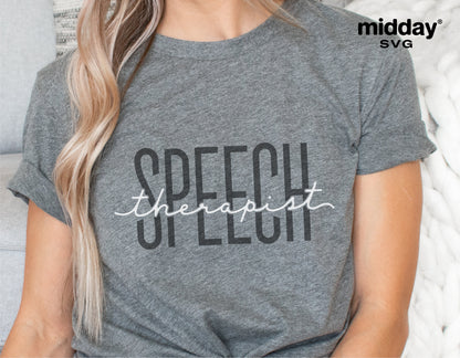 Gray t-shirt with 'Speech Therapist' SVG design for Cricut and Silhouette projects.