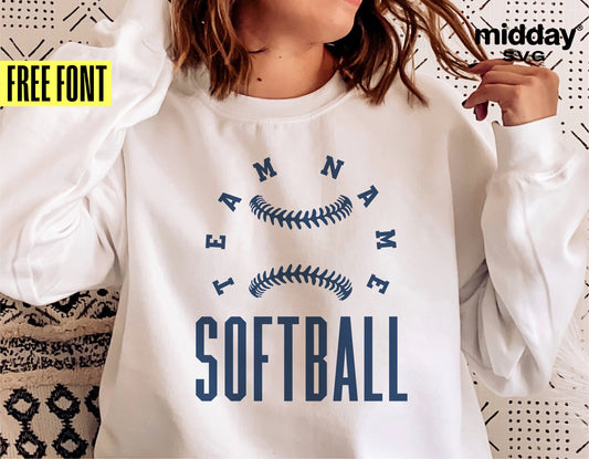 Softball team SVG design on sweatshirt, featuring customizable text and softball stitches, suitable for Cricut and Silhouette projects.