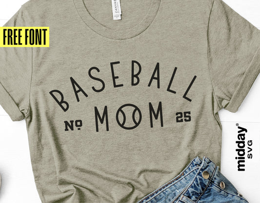 "Baseball Mom" t-shirt with minimal design, featuring free font promotion. Perfect for Cricut and Silhouette projects. Product by Midday SVG.