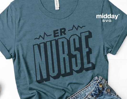 "ER Nurse shirt with trendy design, perfect for Cricut cutting machines, ideal for emergency room nurses, includes SVG, PNG, EPS formats."