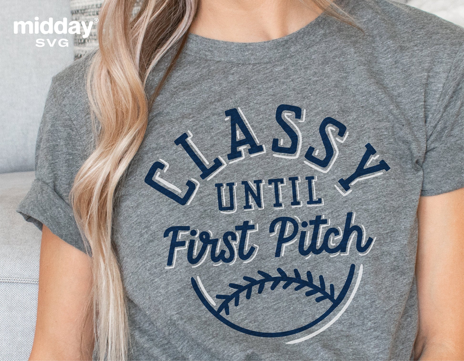 Woman wearing gray t-shirt with 'Classy Until First Pitch' baseball design, ideal for Cricut and Silhouette crafts.