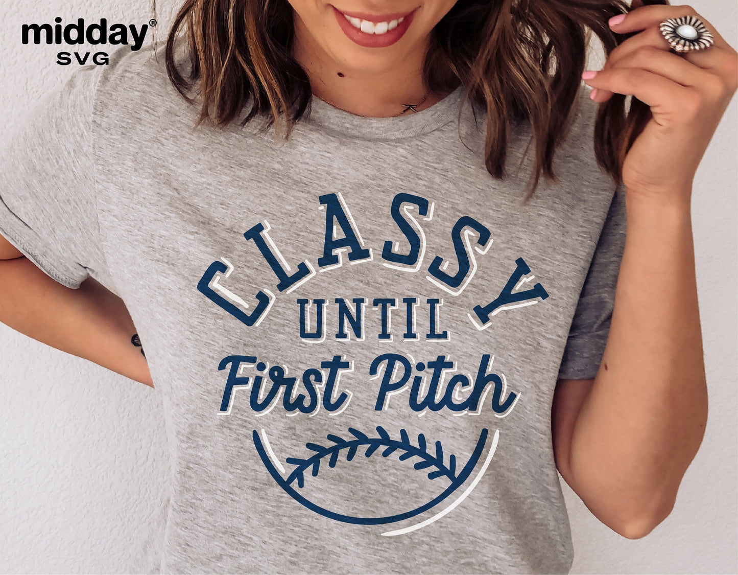 Woman wearing gray shirt with 'Classy Until First Pitch' baseball-themed design, perfect for baseball moms and DIY crafts.