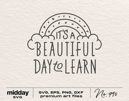 "It's A Beautiful Day To Learn" SVG design for teachers, includes SVG, PNG, DXF, EPS formats, compatible with Cricut and Silhouette.