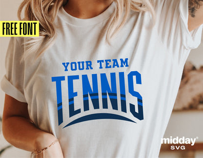 Woman wearing a white t-shirt with 'Your Team Tennis' design, featuring blue text and a free font offer by midday SVG.