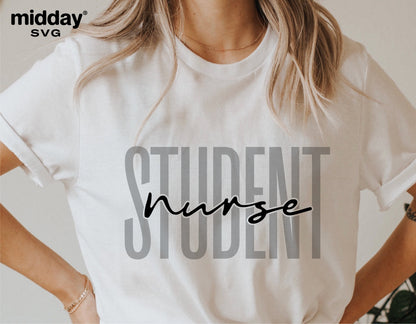 White t-shirt with 'Student Nurse' design, ideal for nurse-themed projects, Cricut and Silhouette cutting, sublimation, digital download.