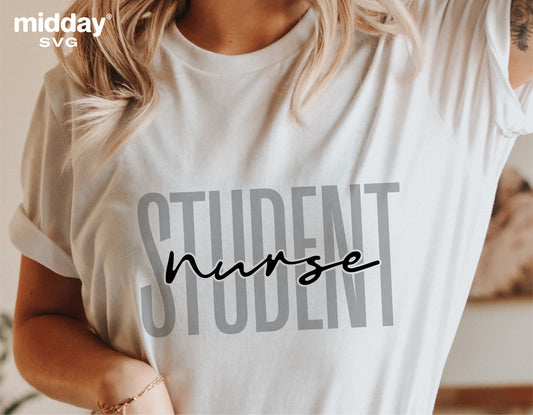 Woman wearing a white t-shirt featuring a 'Student Nurse' design, perfect for nurse-themed projects and gifts.