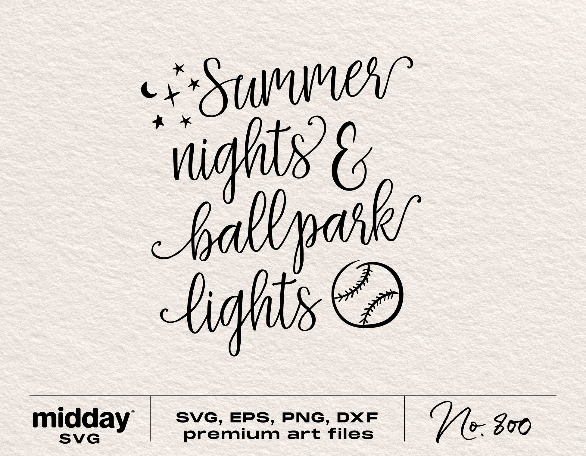 Summer Nights and Ballpark Lights SVG design with stars and baseball graphic for Cricut and Silhouette cutting machines.