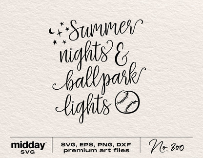 Summer Nights and Ballpark Lights SVG design with stars and baseball graphic for Cricut and Silhouette cutting machines.