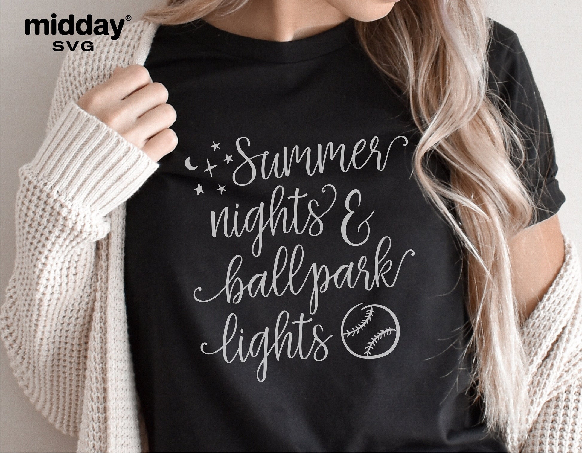 Woman wearing a black t-shirt featuring 'Summer Nights and Ballpark Lights' design, suitable for baseball moms and game day enthusiasts.