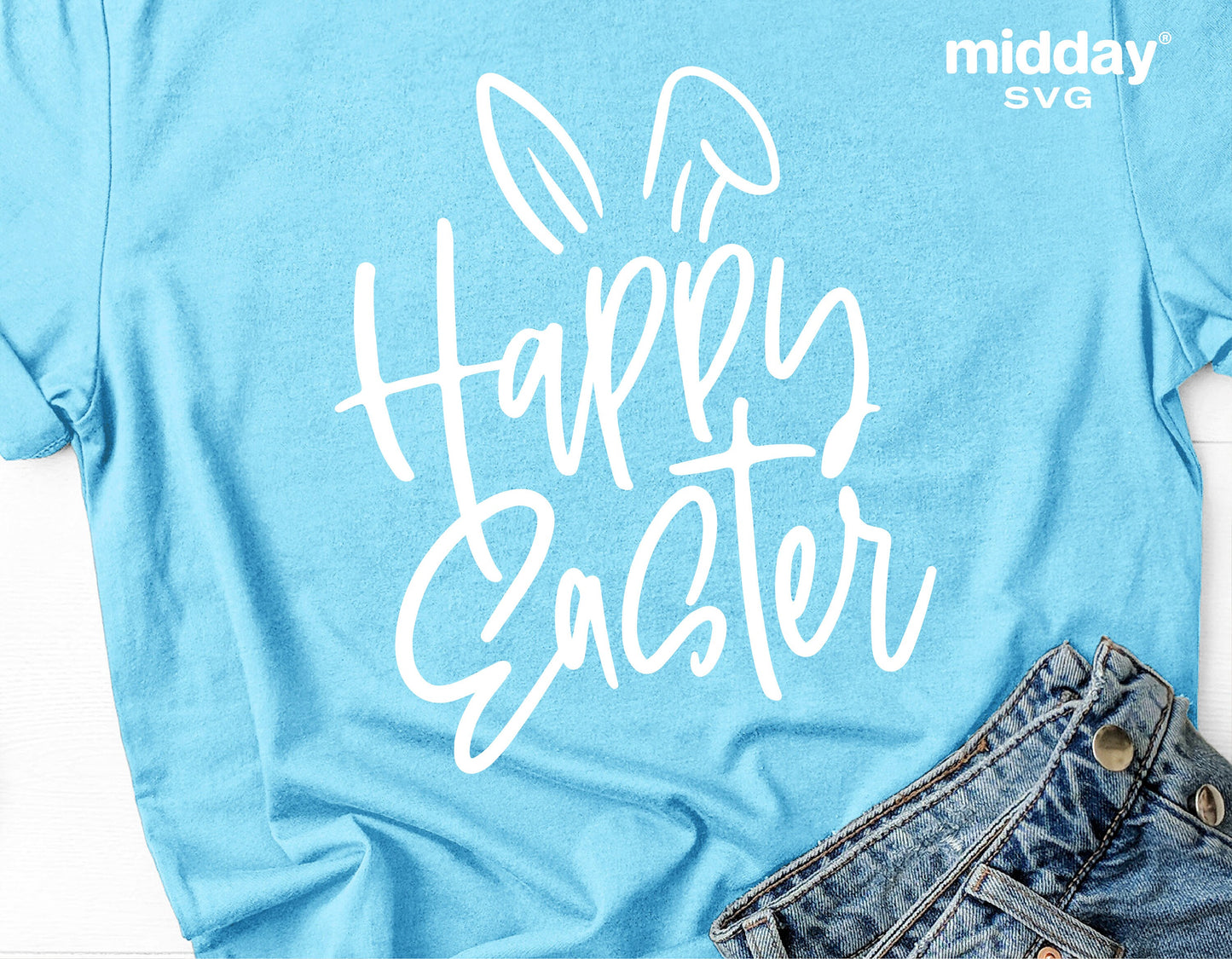 Light blue shirt with 'Happy Easter' text design and bunny ears, suitable for Easter SVG projects, craft cutting machines, Cricut, and Silhouette.