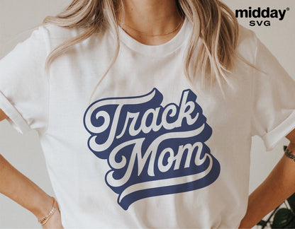 White t-shirt with "Track Mom" design, perfect for sublimation and Cricut projects, featuring sporty style for track enthusiasts.