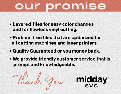 Promise of quality SVG files for easy cutting, optimized for all machines, with money-back guarantee and excellent customer service.