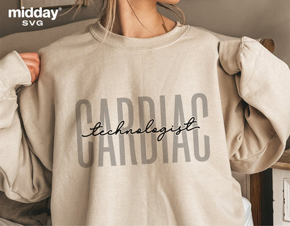 Beige sweatshirt with 'Cardiac Technologist' design, perfect for medical professionals, available as SVG Cricut cut file.