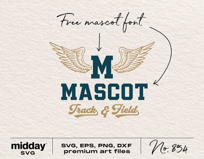 Track and Field Mascot SVG with Wings, includes free font and premium art files, perfect for Cricut and Silhouette projects.