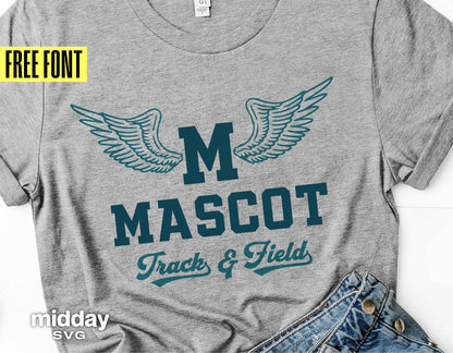 Gray t-shirt with winged 'M Mascot Track & Field' design, perfect for track and field enthusiasts. Includes free font offer.