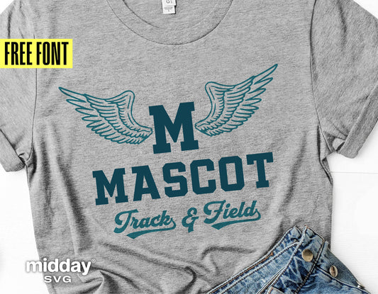 Gray t-shirt with winged 'M Mascot Track & Field' design, perfect for track and field enthusiasts. Includes free font offer.