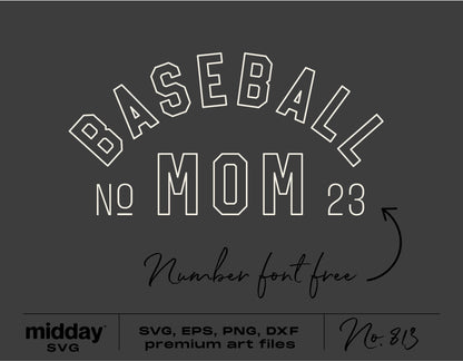 Baseball Mom Template SVG design on dark background with free number font, available in SVG, EPS, PNG, and DXF formats by midday SVG.