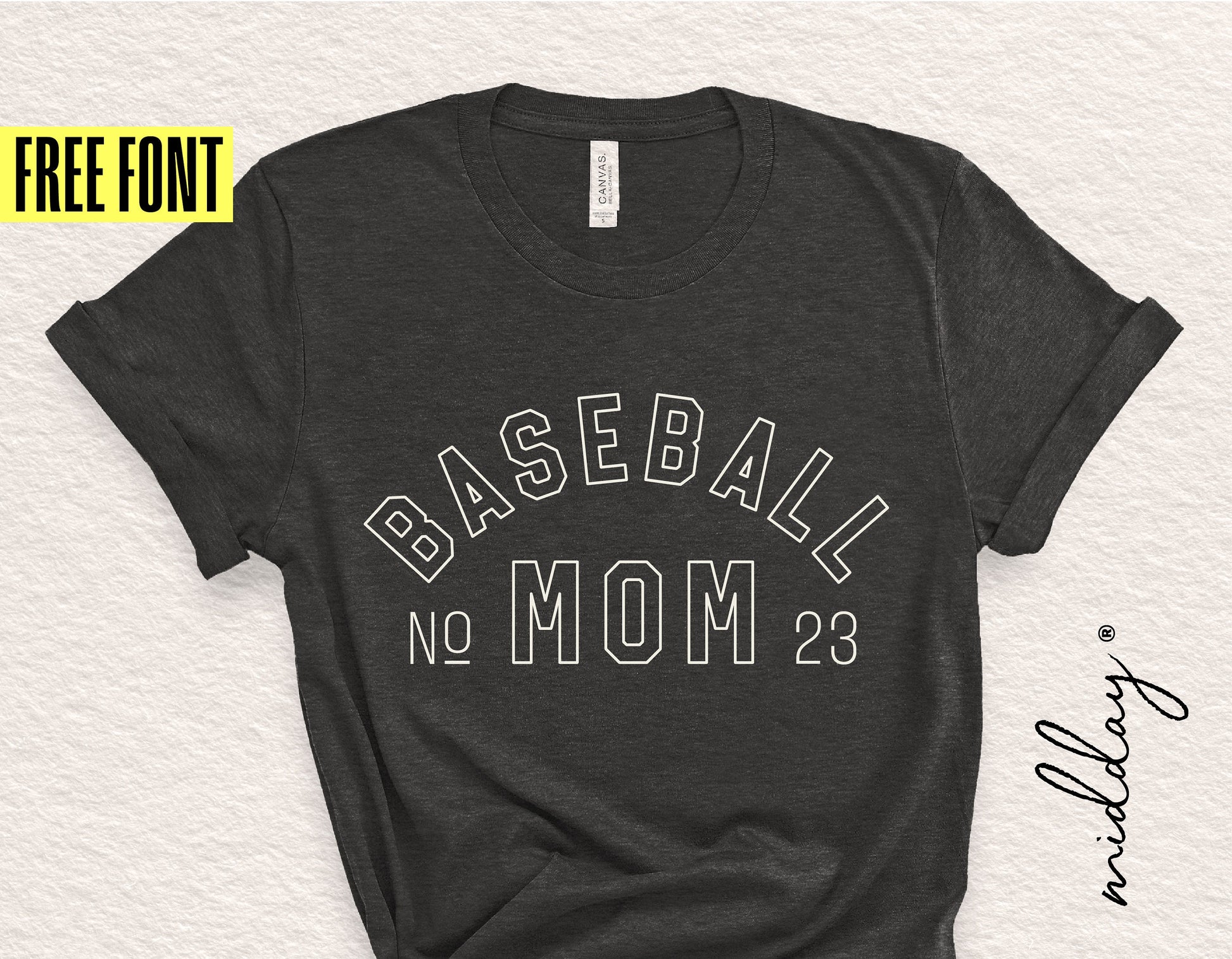 Black t-shirt with 'Baseball Mom' design in stylish font, includes free font offer displayed on image. Perfect for Cricut and sublimation.