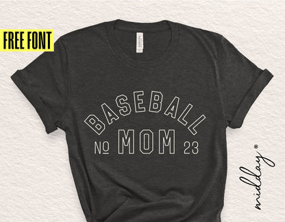 Black t-shirt with 'Baseball Mom' design in stylish font, includes free font offer displayed on image. Perfect for Cricut and sublimation.