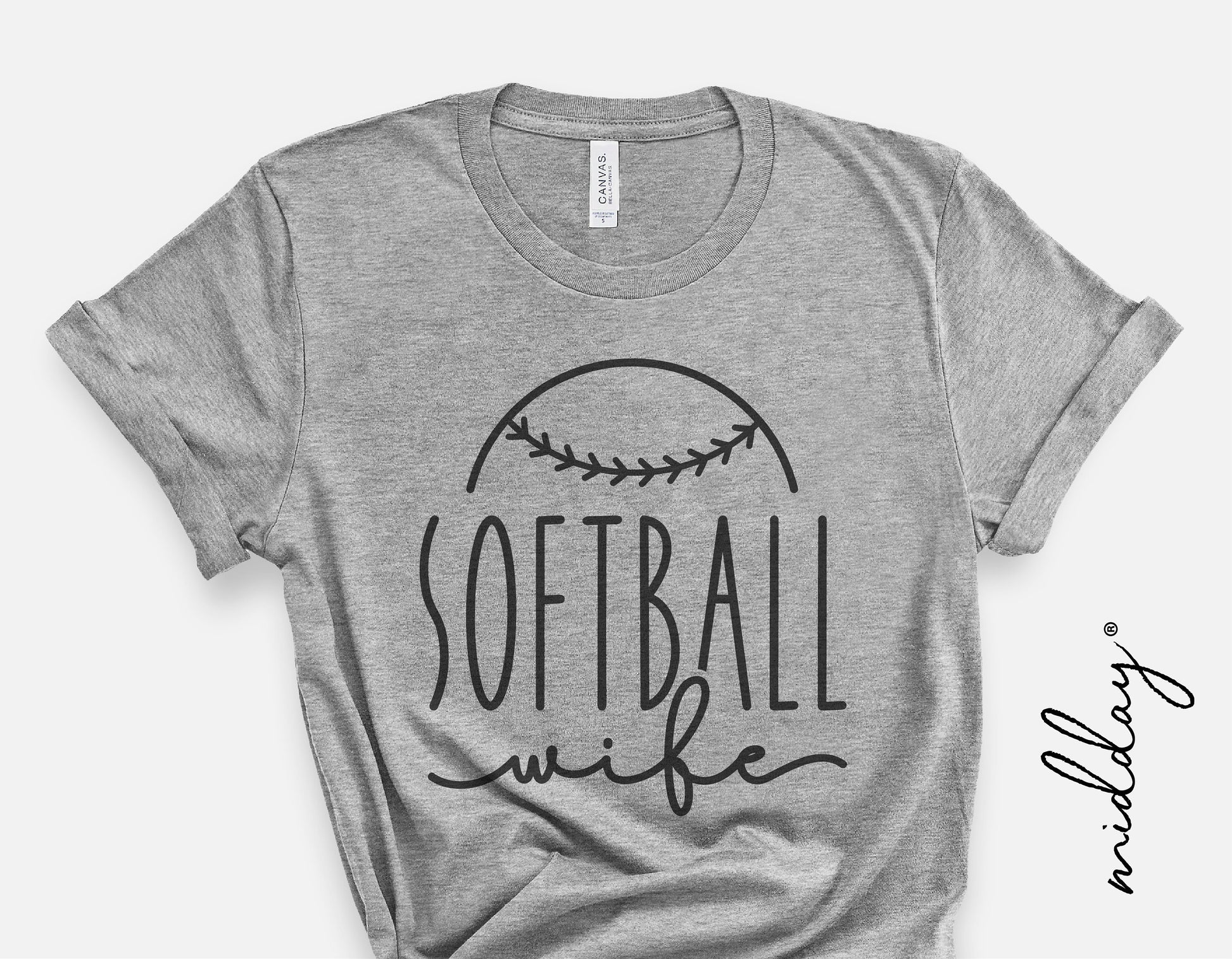 Gray t-shirt with 'Softball Wife' design featuring a softball graphic, perfect for Cricut and Silhouette projects.