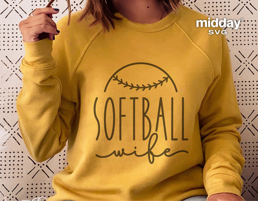 Yellow sweatshirt with 'Softball Wife' design, featuring softball stitching, ideal for cricket and silhouette machine projects.