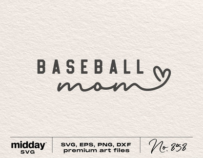 Baseball Mom SVG design with heart, includes SVG, EPS, PNG, DXF formats, perfect for Cricut and Silhouette crafting projects.