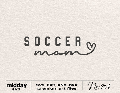 Soccer Mom SVG design with heart, available in SVG, PNG, DXF formats for Cricut and Silhouette. Perfect for soccer-themed projects.