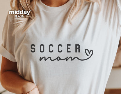Woman wearing a white t-shirt with 'Soccer Mom' print, showcasing soccer mom SVG design for Cricut and Silhouette projects.