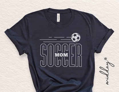 Navy blue soccer mom t-shirt with soccer ball graphic and bold text, ideal for Cricut and Silhouette projects.