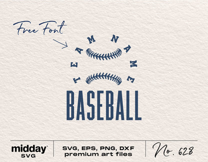 Baseball team SVG design template with free font for Cricut and Silhouette, includes SVG, EPS, PNG, DXF formats, number 628 by midday SVG.