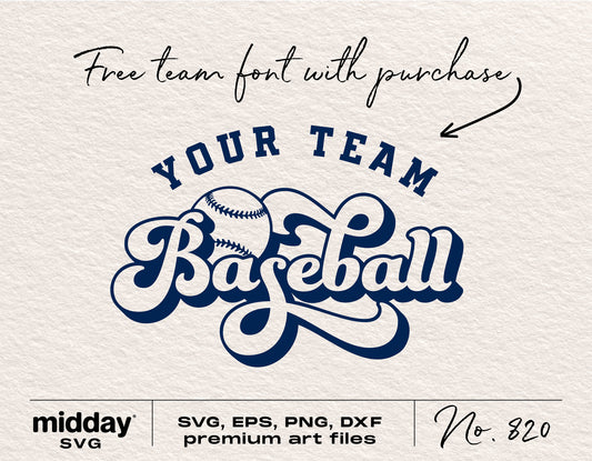 Baseball team template SVG design with Your Team Baseball logo, free team font offer, includes SVG, EPS, PNG, DXF formats.