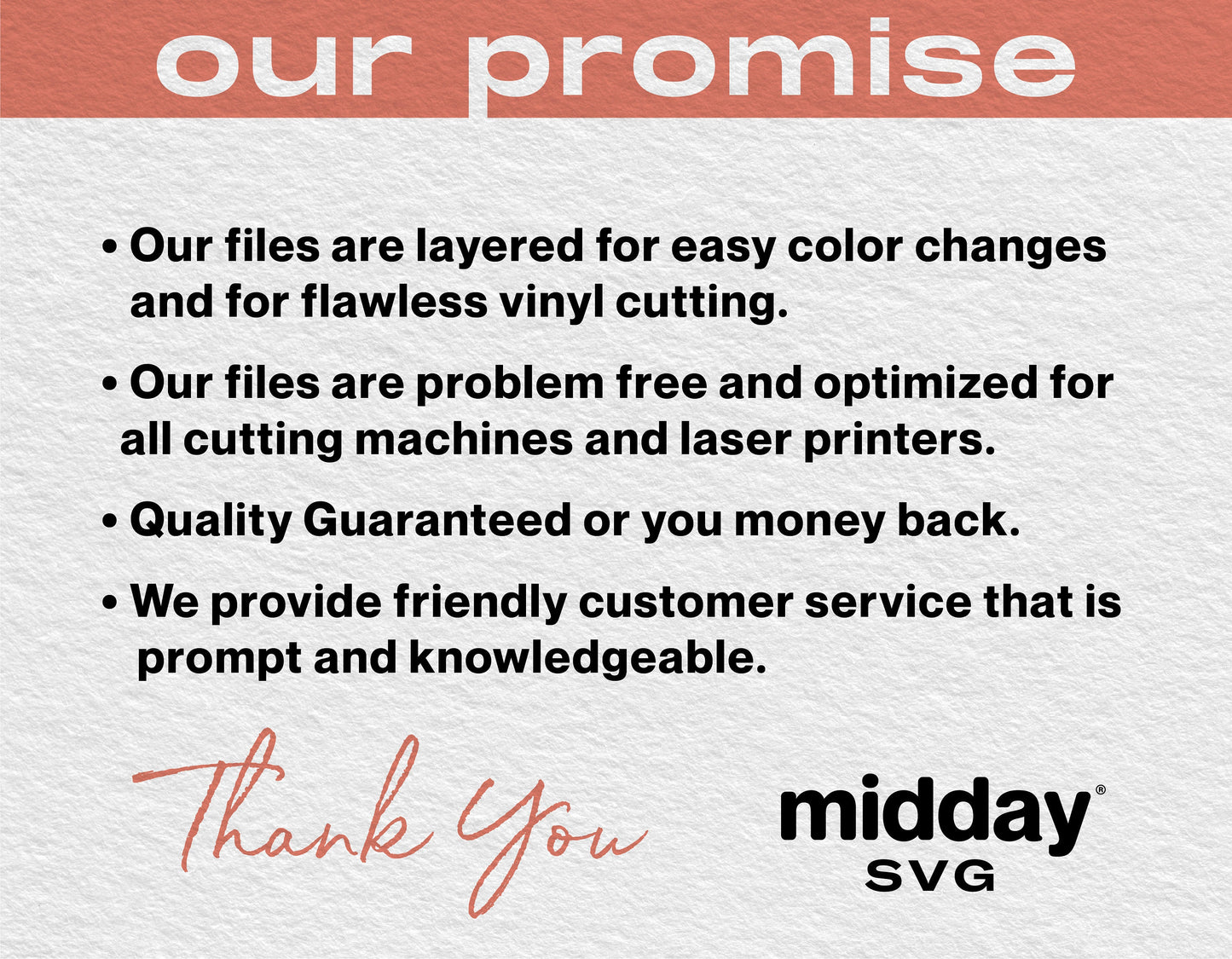 Infographic highlighting promises: easy color change files, optimized for cutting machines, quality guarantee, and customer service.