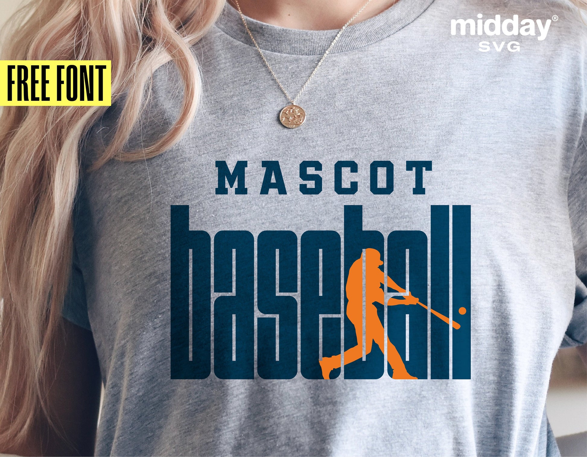 Gray shirt with 'Mascot Baseball' design, featuring an orange silhouette of a batter. Includes free font offer by Midday SVG.