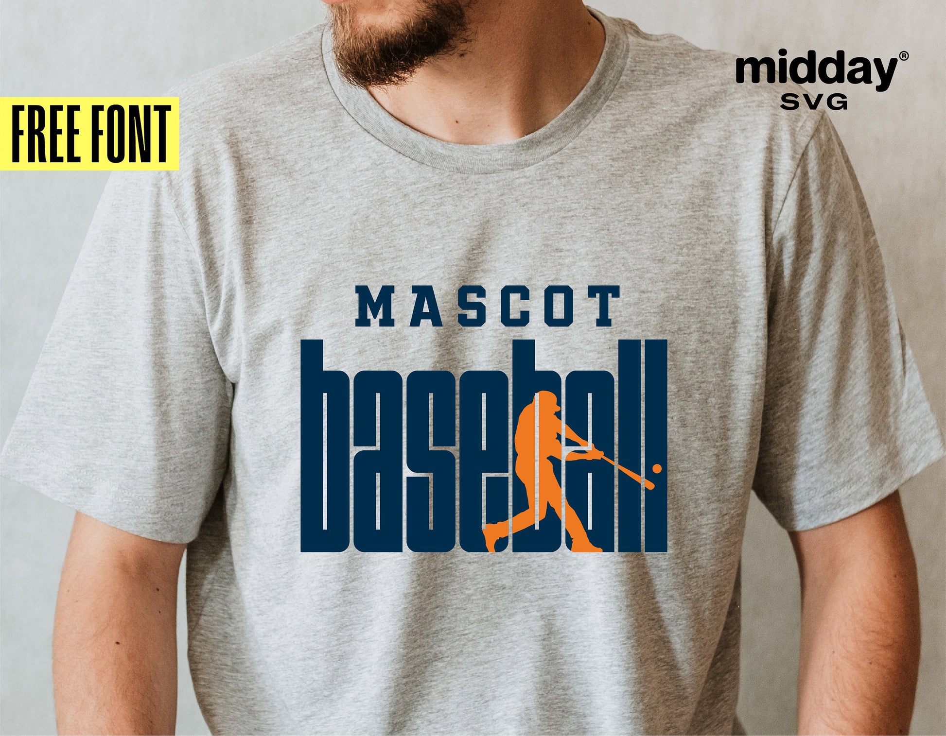 Gray t-shirt with "Mascot Baseball" logo design using a baseball player silhouette, advertised as free font by Midday SVG.
