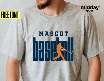 Gray t-shirt with "Mascot Baseball" logo design using a baseball player silhouette, advertised as free font by Midday SVG.