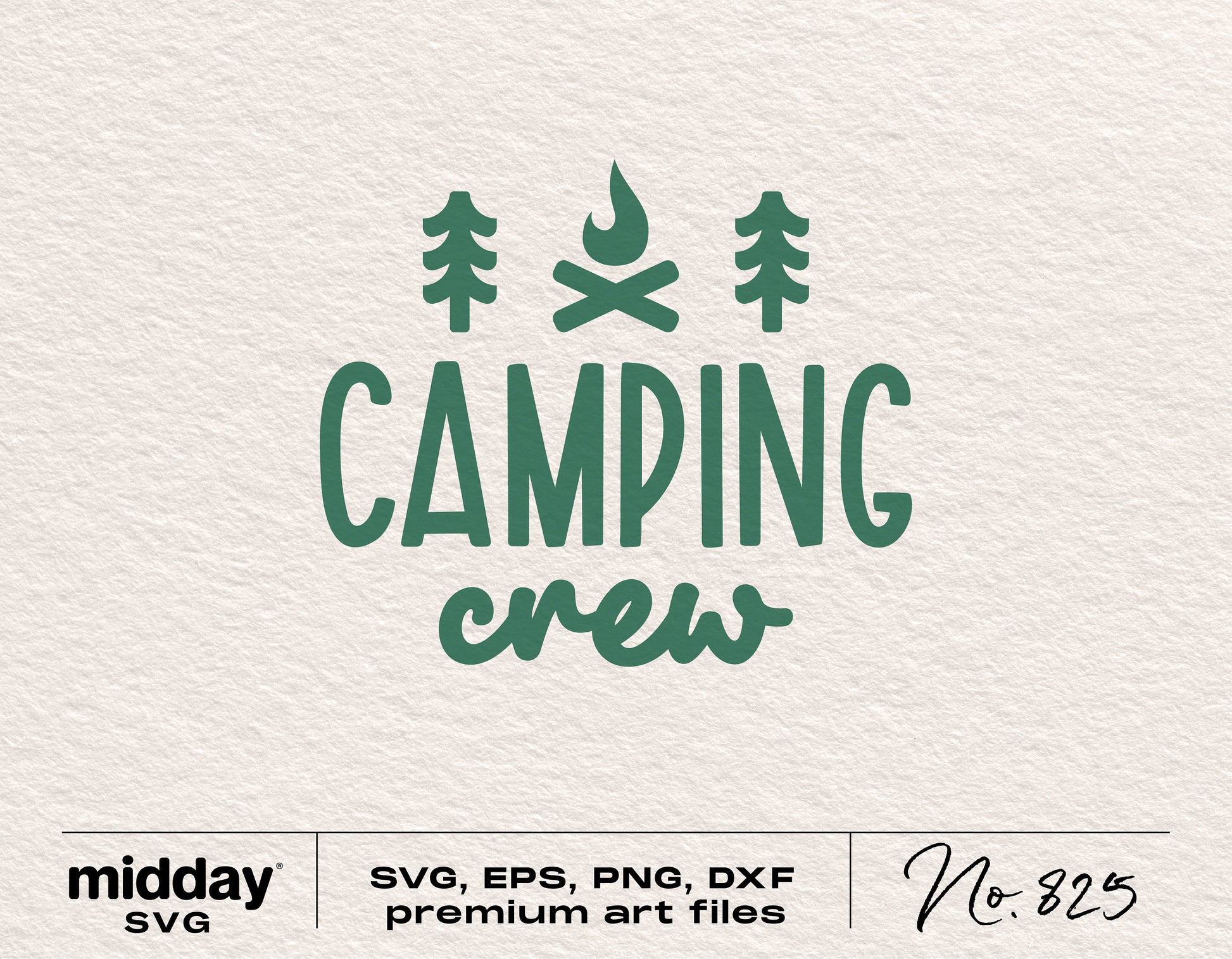 Camping Crew SVG design with trees and campfire icon, available in SVG, EPS, PNG, DXF formats for Cricut and Silhouette projects.