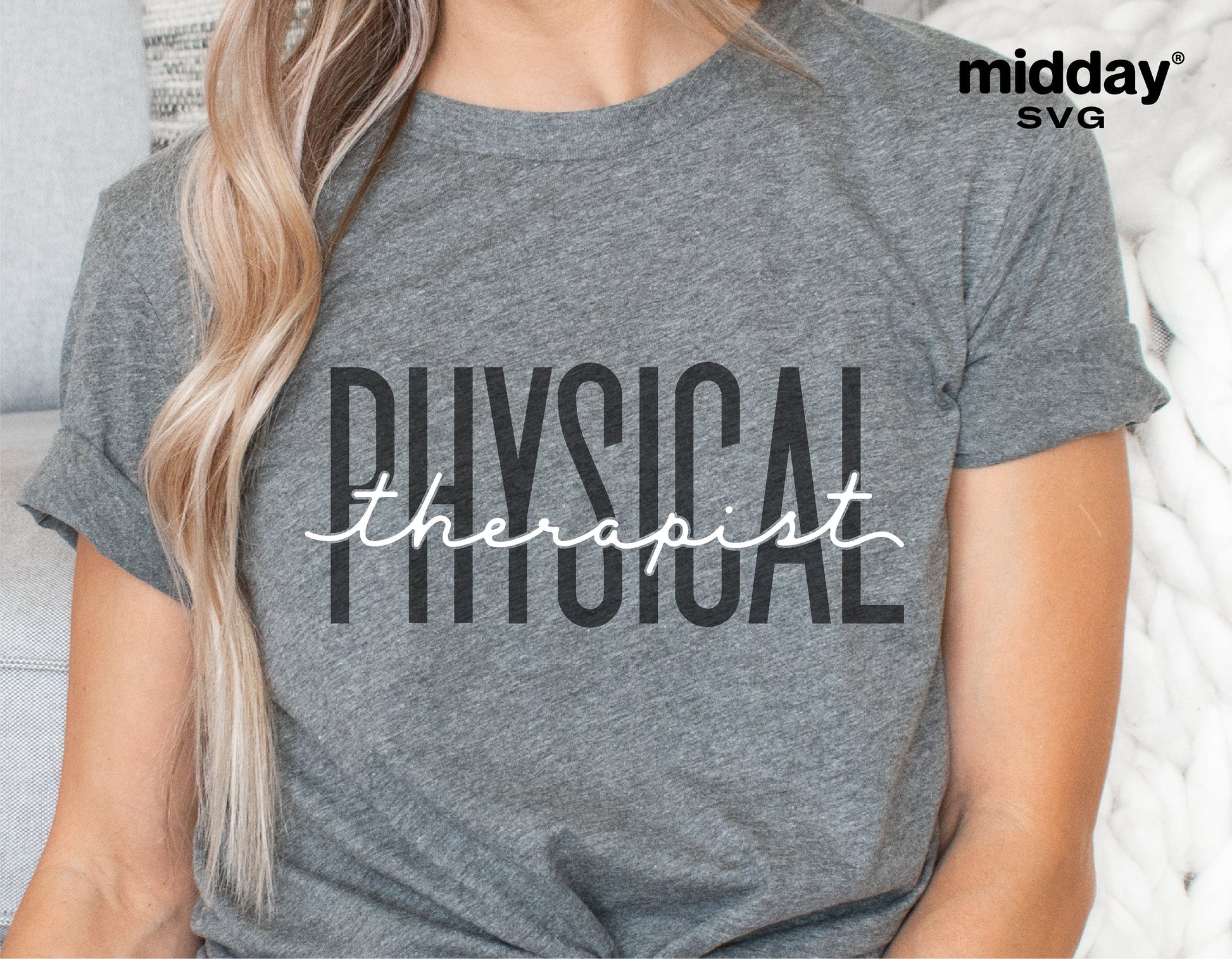 Grey t-shirt with 'Physical Therapist' design, ideal for physical therapy shirts, mugs, and stickers in SVG format.