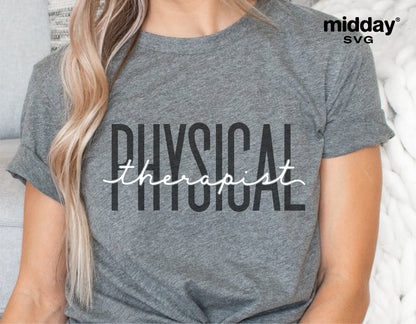 Grey t-shirt with 'Physical Therapist' design, ideal for physical therapy shirts, mugs, and stickers in SVG format.