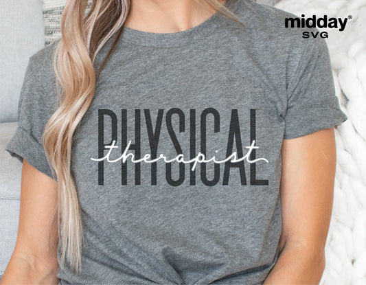 Grey t-shirt with 'Physical Therapist' design, ideal for physical therapy shirts, mugs, and stickers in SVG format.