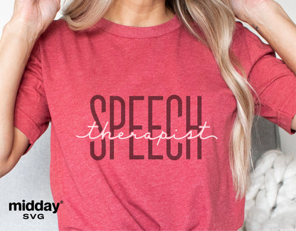 Woman wearing red shirt with 'Speech Therapist' design, ideal for speech therapy svg, Cricut, Silhouette, and sublimation projects.